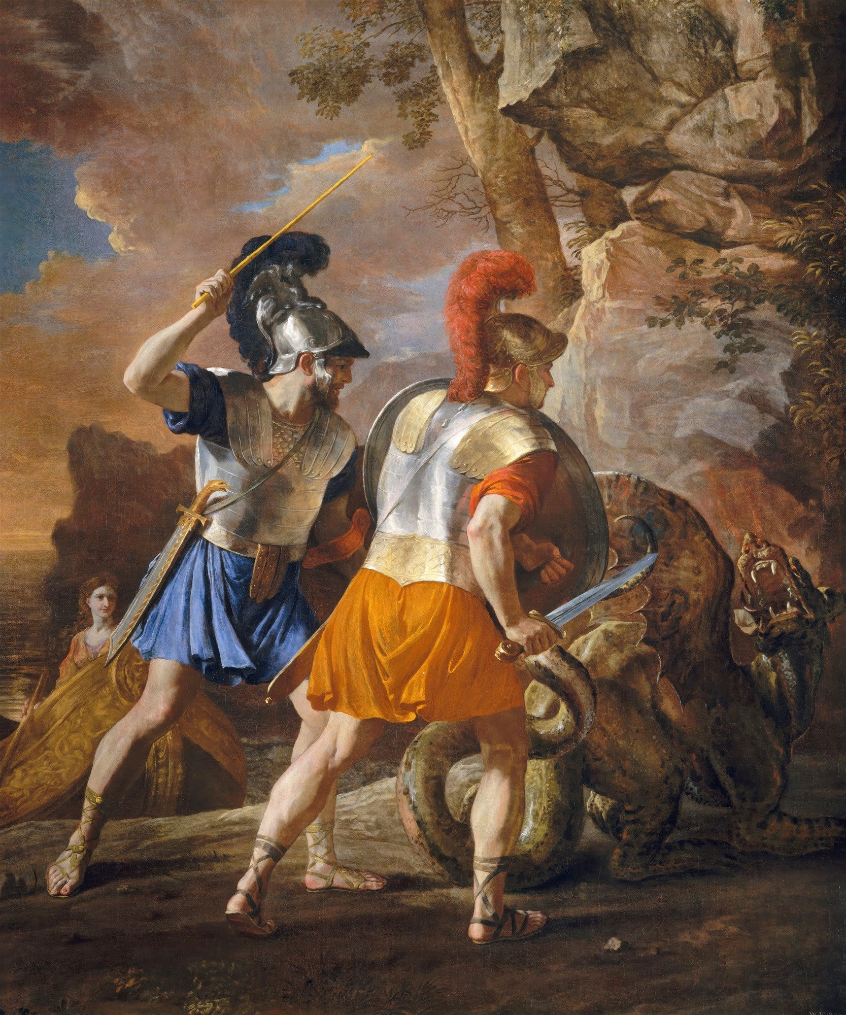 Quadro decorativo 'Teseu Encontra o Minotauro' de Nicolas Poussin, mostrando dois guerreiros romanos armados enfrentando uma criatura mítica serpentina, com uma figura feminina e paisagem rochosa ao fundo.