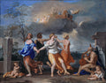 Quadro decorativo 'A Dança da Vida Humana' de Nicolas Poussin, retratando figuras mitológicas dançando em círculo, simbolizando a passagem do tempo e os ciclos da vida, com o Tempo personificado tocando uma lira e anjos no céu.