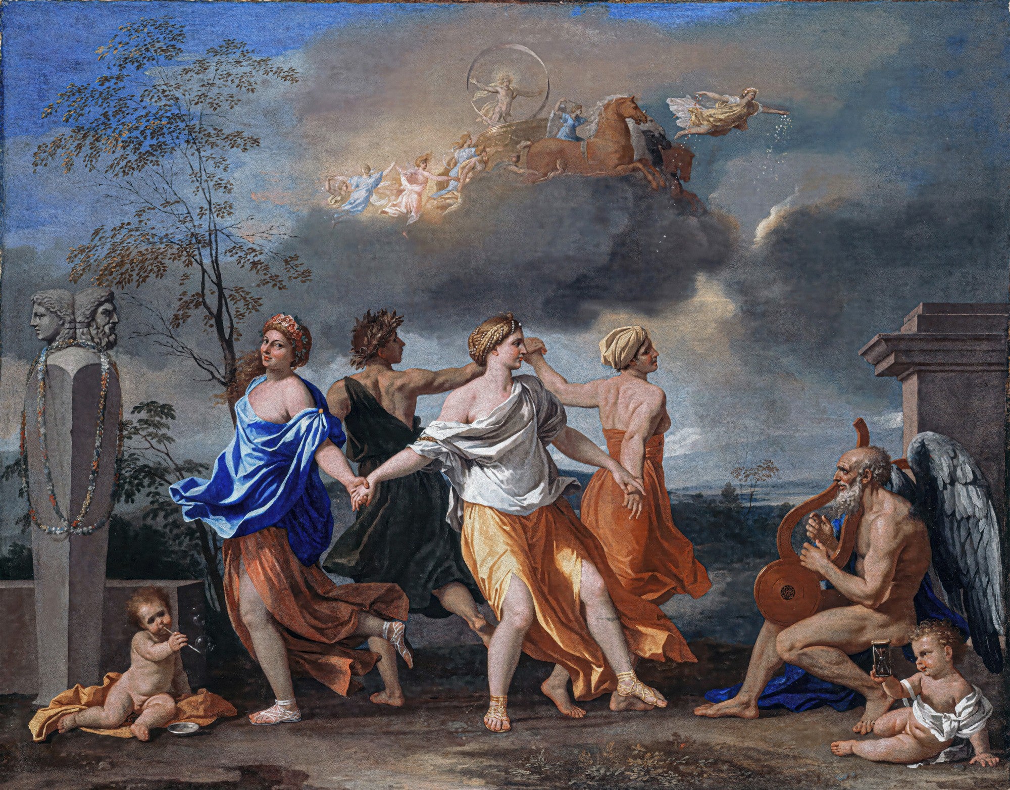 Quadro decorativo 'A Dança da Vida Humana' de Nicolas Poussin, retratando figuras mitológicas dançando em círculo, simbolizando a passagem do tempo e os ciclos da vida, com o Tempo personificado tocando uma lira e anjos no céu.