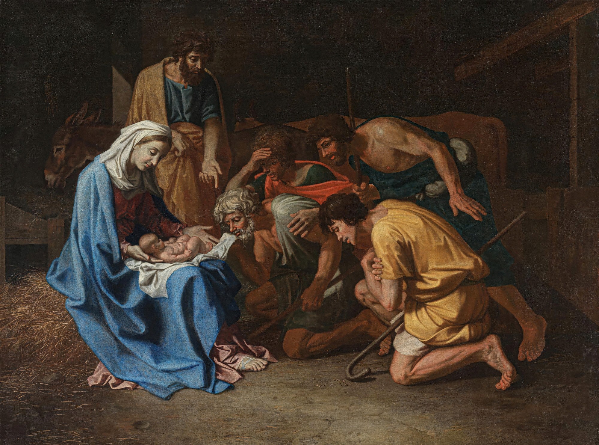 Quadro decorativo mostrando a Adoração dos Pastores de Nicolas Poussin, com a Virgem Maria, São José, o Menino Jesus e pastores em uma manjedoura escura com um burro ao fundo.