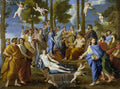 Uma pintura clássica de Nicolas Poussin, "A Inspiração do Poeta", mostrando Apolo e as Musas em uma cena idílica com anjos voando, em tons de azul, amarelo e verde.