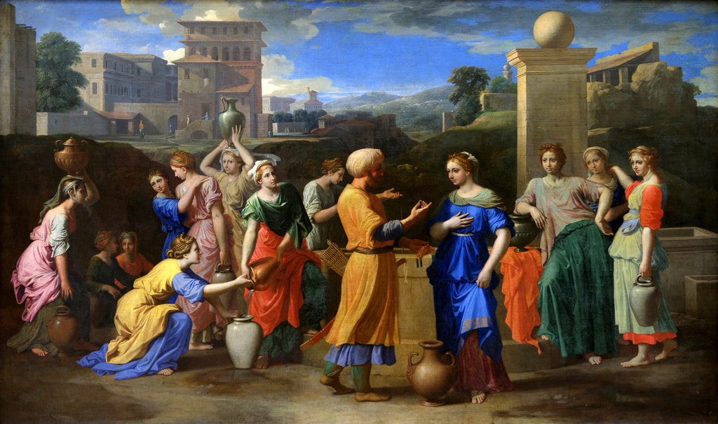 Quadro decorativo "Moisés e as Filhas de Jetro" de Nicolas Poussin, mostrando figuras bíblicas em uma paisagem clássica com arquitetura ao fundo.