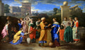 Quadro decorativo "Moisés e as Filhas de Jetro" de Nicolas Poussin, mostrando figuras bíblicas em uma paisagem clássica com arquitetura ao fundo.
