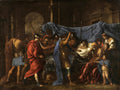 Quadro decorativo "A Morte de Germânico" de Nicolas Poussin, mostrando uma cena dramática do líder romano em seu leito de morte, cercado por figuras lamentando e jurando vingança, em um ambiente escuro com iluminação focada nos personagens principais.