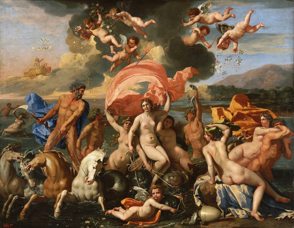 Pintura barroca de Nicolas Poussin mostrando o deus Netuno em sua carruagem marinha, com ninfas, tritões e anjos em um cenário mitológico aquático e celeste.