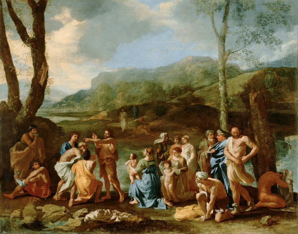 Pintura 'O Batismo de Cristo' de Nicolas Poussin, retratando João Batista batizando Jesus em um rio, com uma multidão de pessoas ao redor e uma paisagem montanhosa ao fundo, sob um céu dramático.