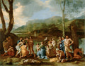 Pintura 'O Batismo de Cristo' de Nicolas Poussin, retratando João Batista batizando Jesus em um rio, com uma multidão de pessoas ao redor e uma paisagem montanhosa ao fundo, sob um céu dramático.