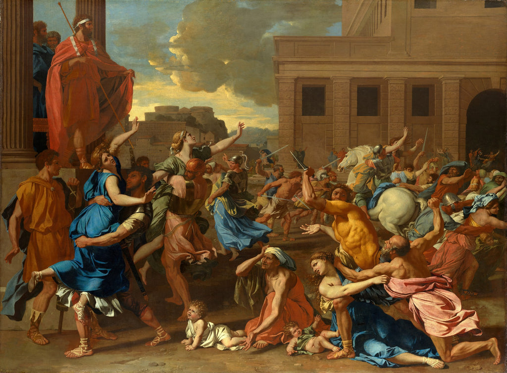 Quadro decorativo "O Rapto das Sabinas" de Nicolas Poussin, mostrando uma cena caótica e dramática da mitologia romana com muitas figuras em movimento e arquitetura clássica ao fundo.