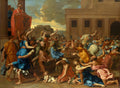 Quadro decorativo "O Rapto das Sabinas" de Nicolas Poussin, mostrando uma cena caótica e dramática da mitologia romana com muitas figuras em movimento e arquitetura clássica ao fundo.