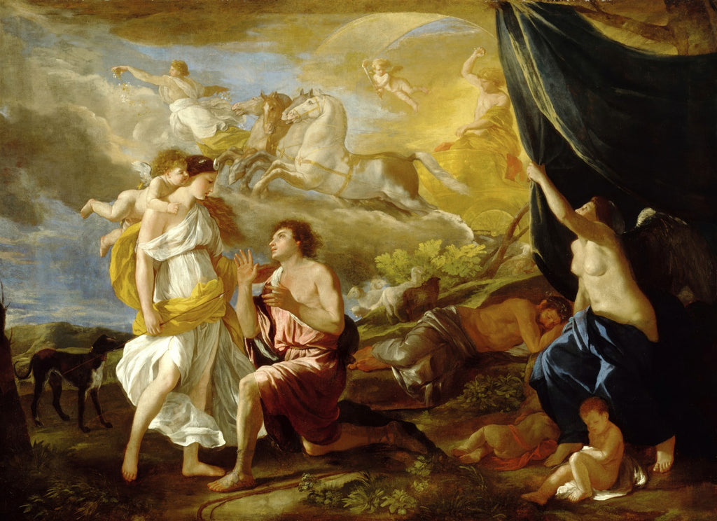 Pintura clássica de Nicolas Poussin, Aurora e Céfalo, mostrando a deusa Aurora em uma carruagem alada no céu e Céfalo no chão com figuras mitológicas.