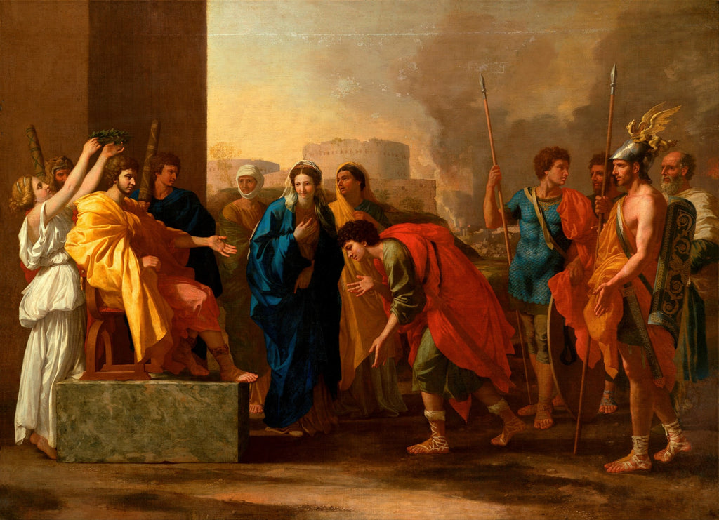 Pintura clássica de Nicolas Poussin, 'A Oferta a Júpiter', mostrando uma cena mitológica com figuras romanas, um homem sendo coroado com louros, e outras pessoas em adoração ou observação, com uma arquitetura antiga e fumaça ao fundo.