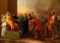 Pintura clássica de Nicolas Poussin, 'A Oferta a Júpiter', mostrando uma cena mitológica com figuras romanas, um homem sendo coroado com louros, e outras pessoas em adoração ou observação, com uma arquitetura antiga e fumaça ao fundo.