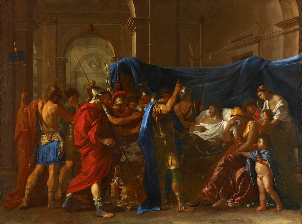 Pintura 'A Morte de Germânico' de Nicolas Poussin, retratando o herói romano em seu leito de morte, rodeado por soldados e familiares em luto, com arquitetura clássica ao fundo.