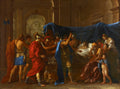 Pintura 'A Morte de Germânico' de Nicolas Poussin, retratando o herói romano em seu leito de morte, rodeado por soldados e familiares em luto, com arquitetura clássica ao fundo.