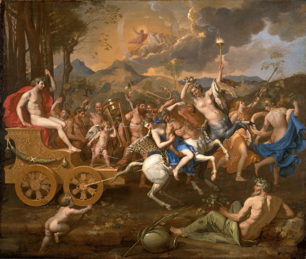 Quadro decorativo 'O Triunfo de Baco' de Nicolas Poussin, representando uma procissão de figuras mitológicas, incluindo Baco em um carro, sátiros, ninfas e centauros, em uma paisagem com montanhas e céu dramático, com Apolo no céu.