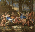 Quadro decorativo 'O Triunfo de Pã' de Nicolas Poussin, exibindo uma cena mitológica com ninfas, sátiros e Pã em uma floresta, com figuras dançando e festejando.