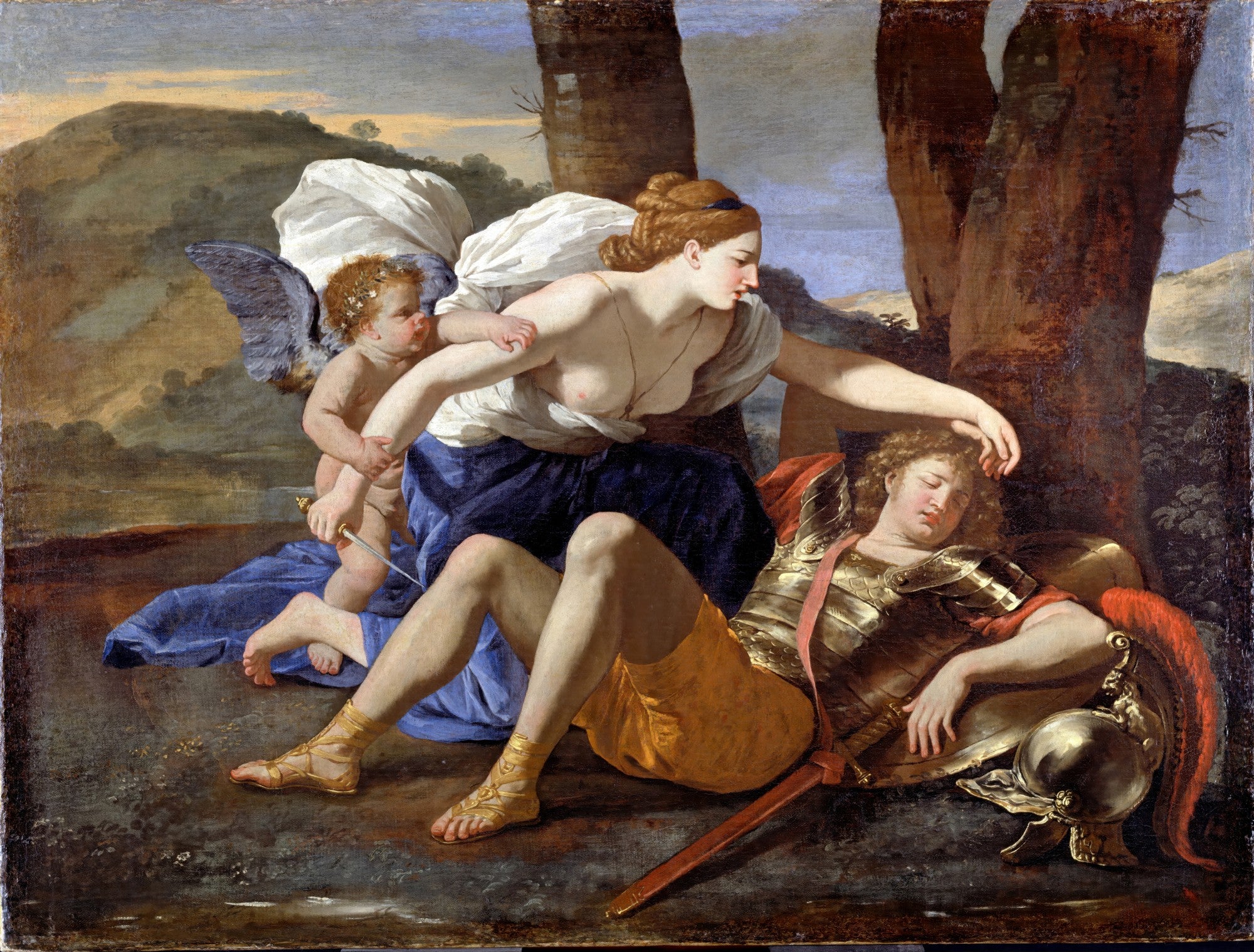 Pintura clássica de Vênus e Adônis por Nicolas Poussin, mostrando Vênus e Cupido com Adônis adormecido em uma paisagem.