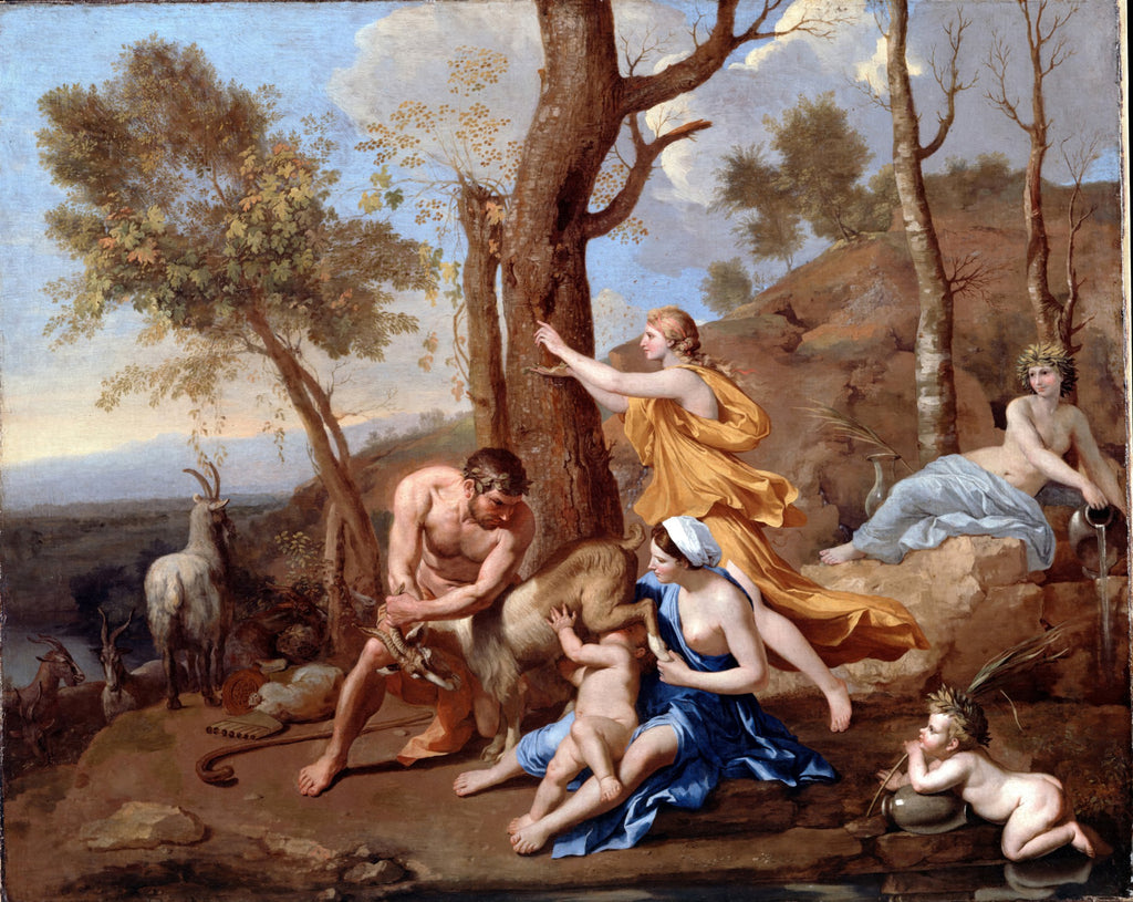 Pintura clássica de Nicolas Poussin, 'A Infância de Baco', representando figuras mitológicas em paisagem campestre. Homem ordenhando cabra, ninfas e crianças nuas ao redor de um lago em tons terrosos e céu azul claro.