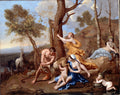 Pintura clássica de Nicolas Poussin, 'A Infância de Baco', representando figuras mitológicas em paisagem campestre. Homem ordenhando cabra, ninfas e crianças nuas ao redor de um lago em tons terrosos e céu azul claro.