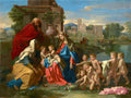 Quadro decorativo 'A Sagrada Família com São João Batista' de Nicolas Poussin, com Maria e Jesus, São José e Santa Isabel, anjos e paisagem clássica