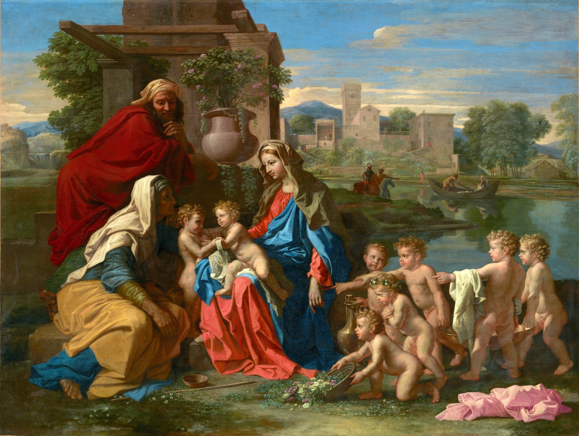 Quadro decorativo 'A Sagrada Família com São João Batista' de Nicolas Poussin, com Maria e Jesus, São José e Santa Isabel, anjos e paisagem clássica