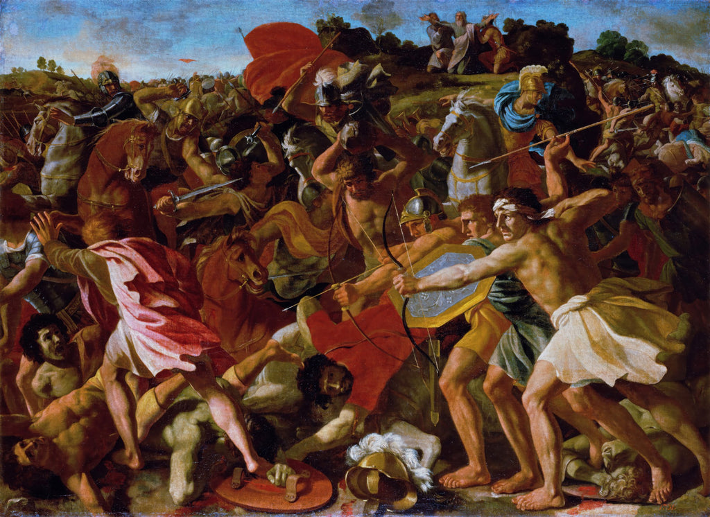 Pintura barroca de Nicolas Poussin, A Batalha de Josué contra os Amalequitas, representando uma cena de combate intenso com muitos soldados, cavalos e figuras dramáticas em movimento, com cores ricas e detalhes vívidos. Soldados com arcos, espadas e escudos lutam em primeiro plano, enquanto figuras mais distantes observam a batalha de uma colina.