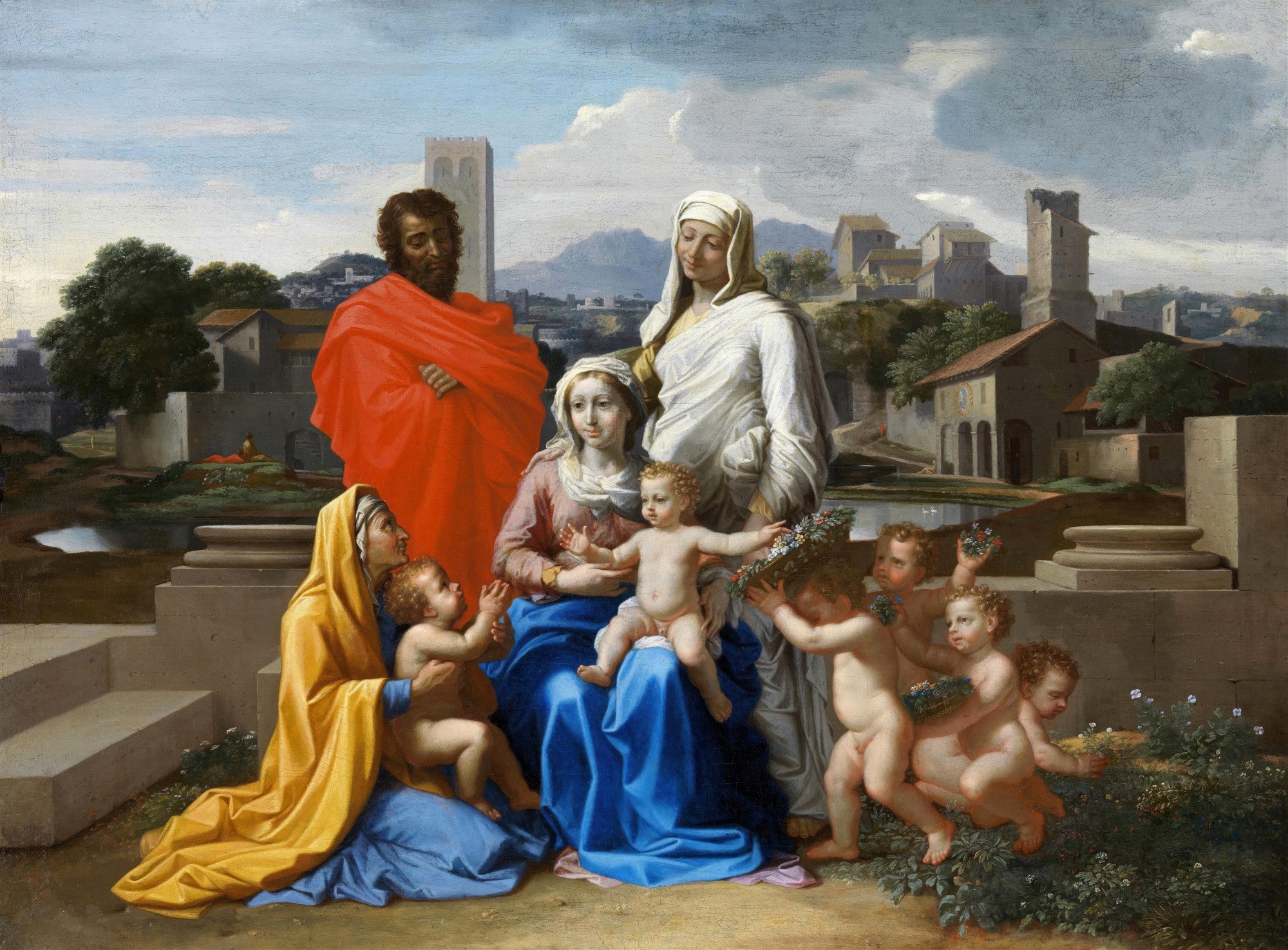 Quadro decorativo 'A Sagrada Família com São João Batista' de Nicolas Poussin, mostrando figuras religiosas em um cenário clássico com paisagem ao fundo, anjos e edifícios.