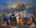 Pintura de Nicolas Poussin, 'A Dança da Vida Humana', com quatro figuras dançando em círculo, representando as estações ou fases da vida, sob o olhar de um velho alado que representa o Tempo, com querubins e o carro de Apolo ao fundo.