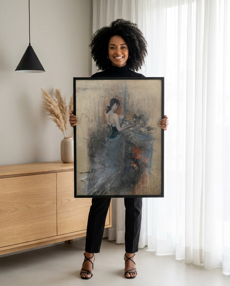 Quadro Decorativo Dama Elegante - Giovanni Boldini com modelo em ambiente
