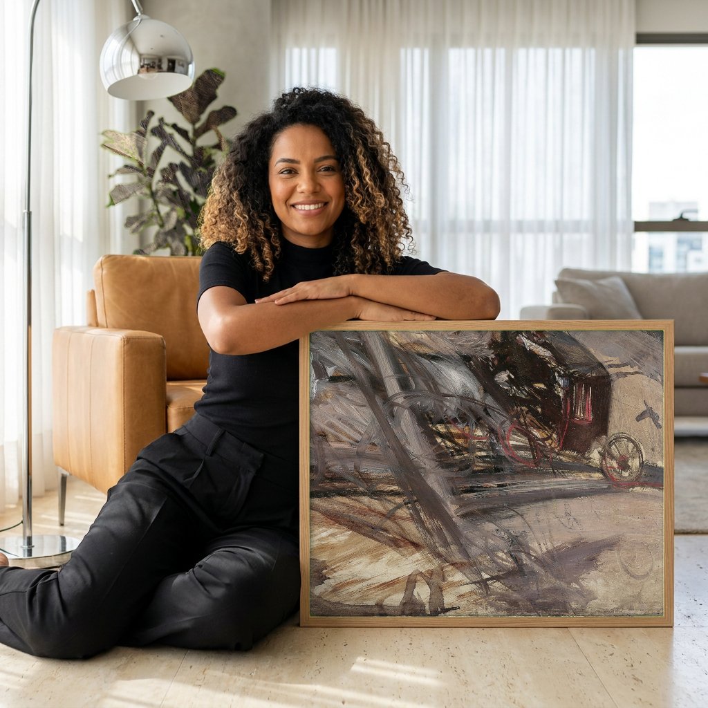 Quadro Decorativo Coche na Rua - Giovanni Boldini com modelo em ambiente