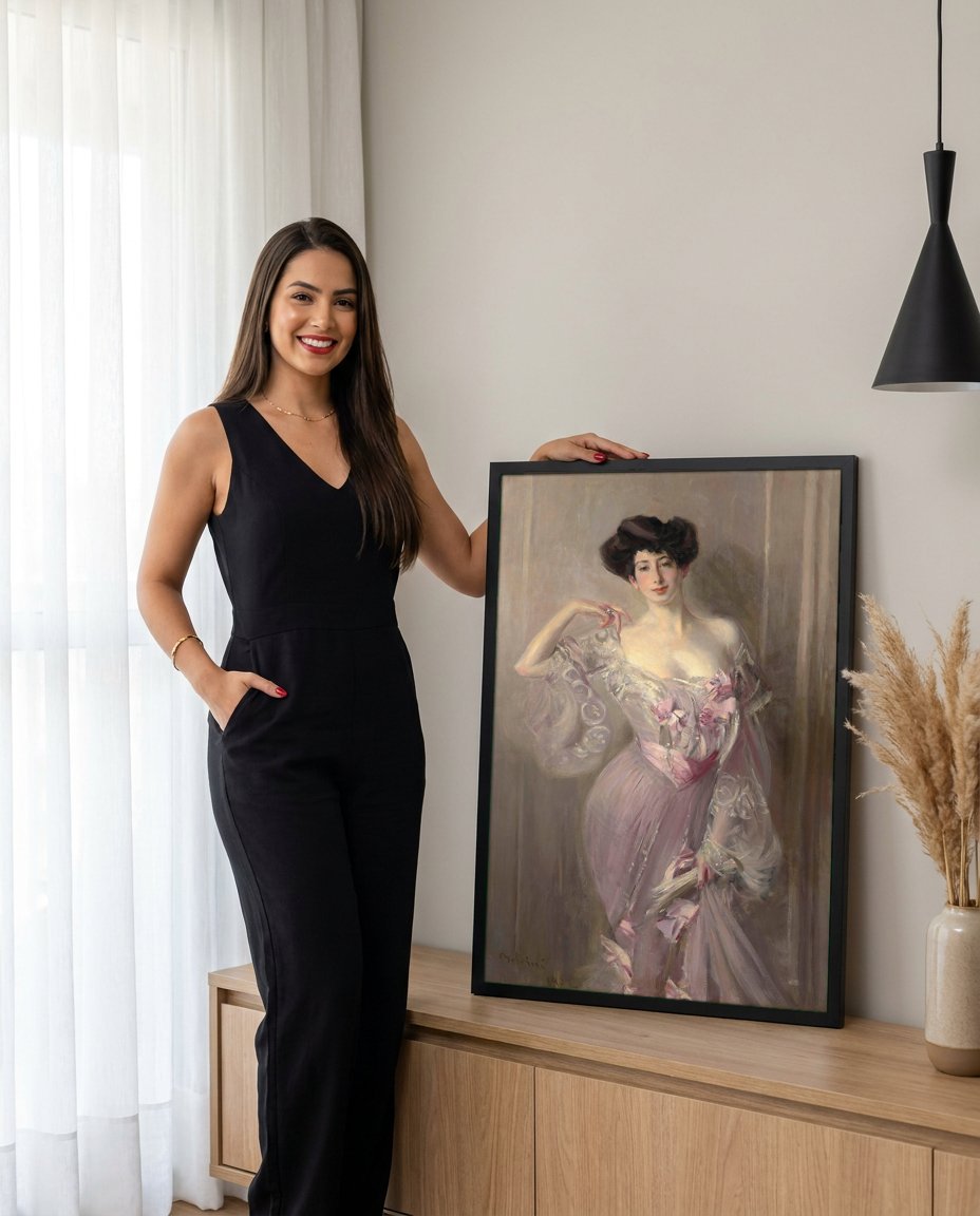 Quadro Decorativo Dama em Rosa - Giovanni Boldini com modelo em ambiente