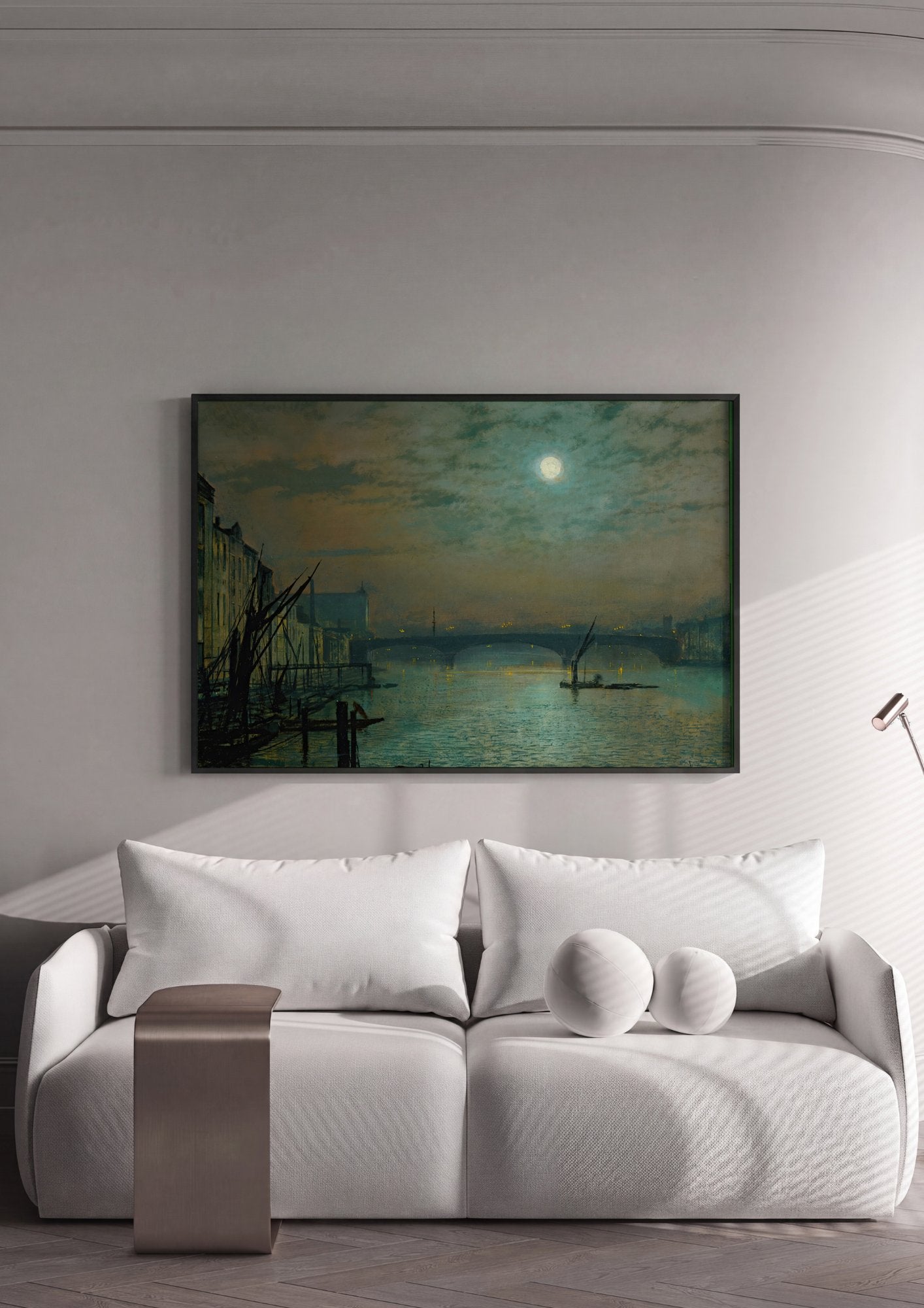 Quadro Decorativo 'Noite de Lua Cheia no Tâmisa' - Grimshaw em ambiente decorado