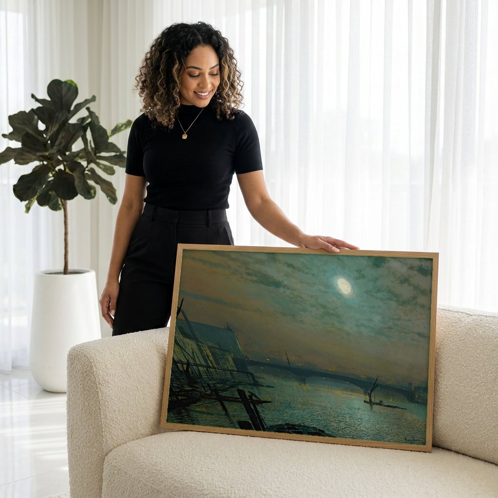 Quadro Decorativo 'Noite de Lua Cheia no Tâmisa' - Grimshaw com modelo em ambiente