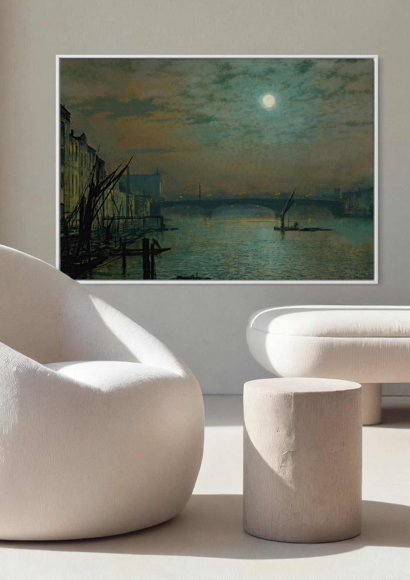 Quadro Decorativo 'Noite de Lua Cheia no Tâmisa' - Grimshaw em ambiente decorado