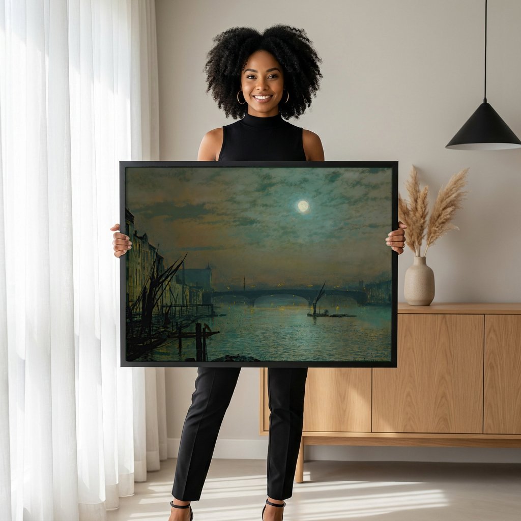 Quadro Decorativo 'Noite de Lua Cheia no Tâmisa' - Grimshaw com modelo em ambiente
