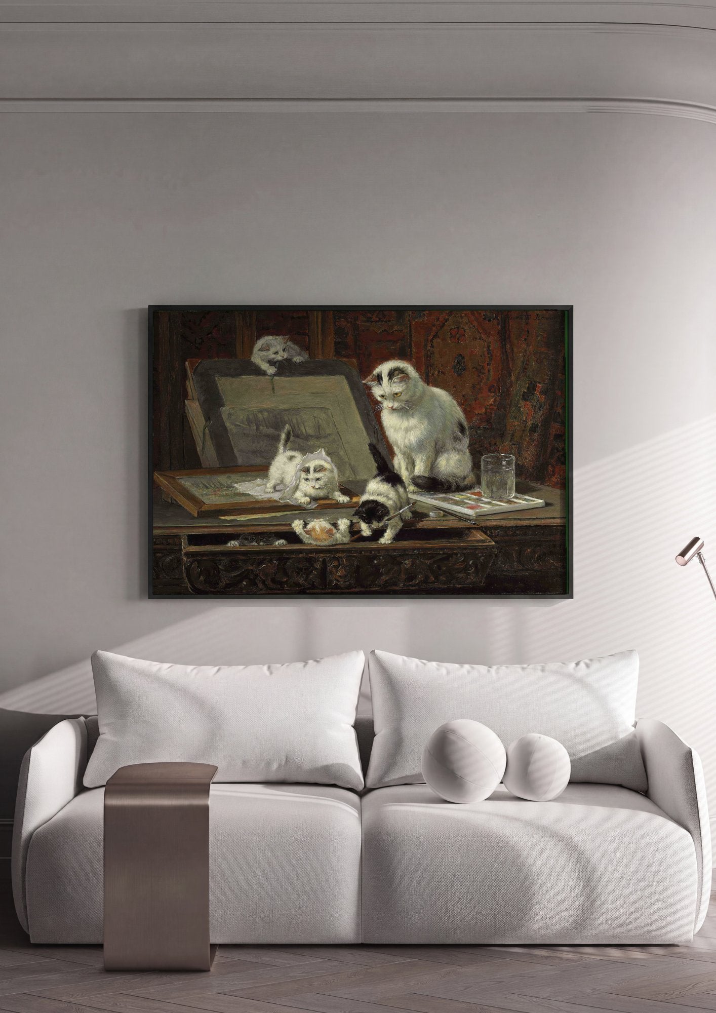 Quadro Decorativo Gatinhos Brincando no Ateliê - Henriëtte Ronner-Knip em ambiente decorado