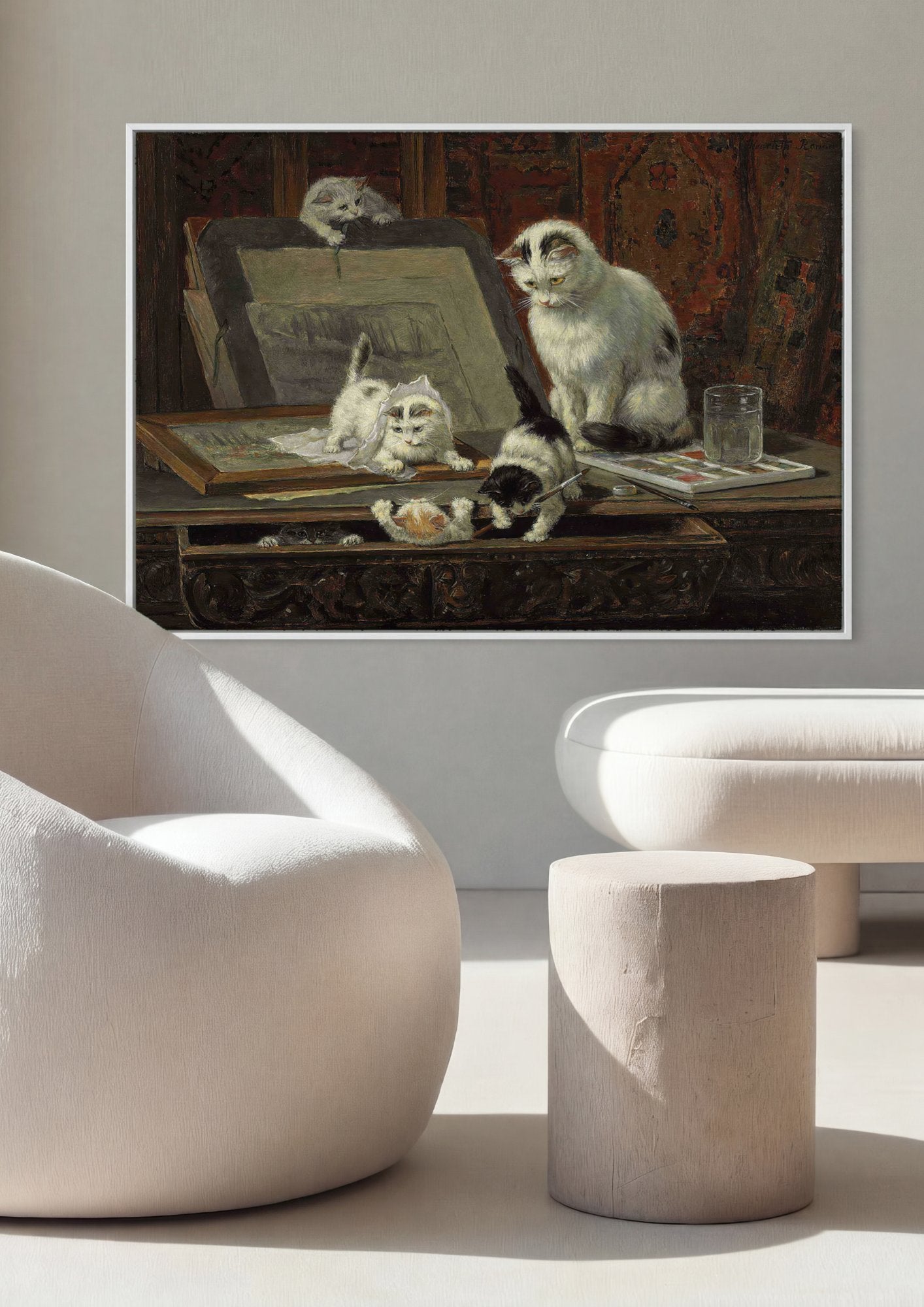 Quadro Decorativo Gatinhos Brincando no Ateliê - Henriëtte Ronner-Knip em ambiente decorado