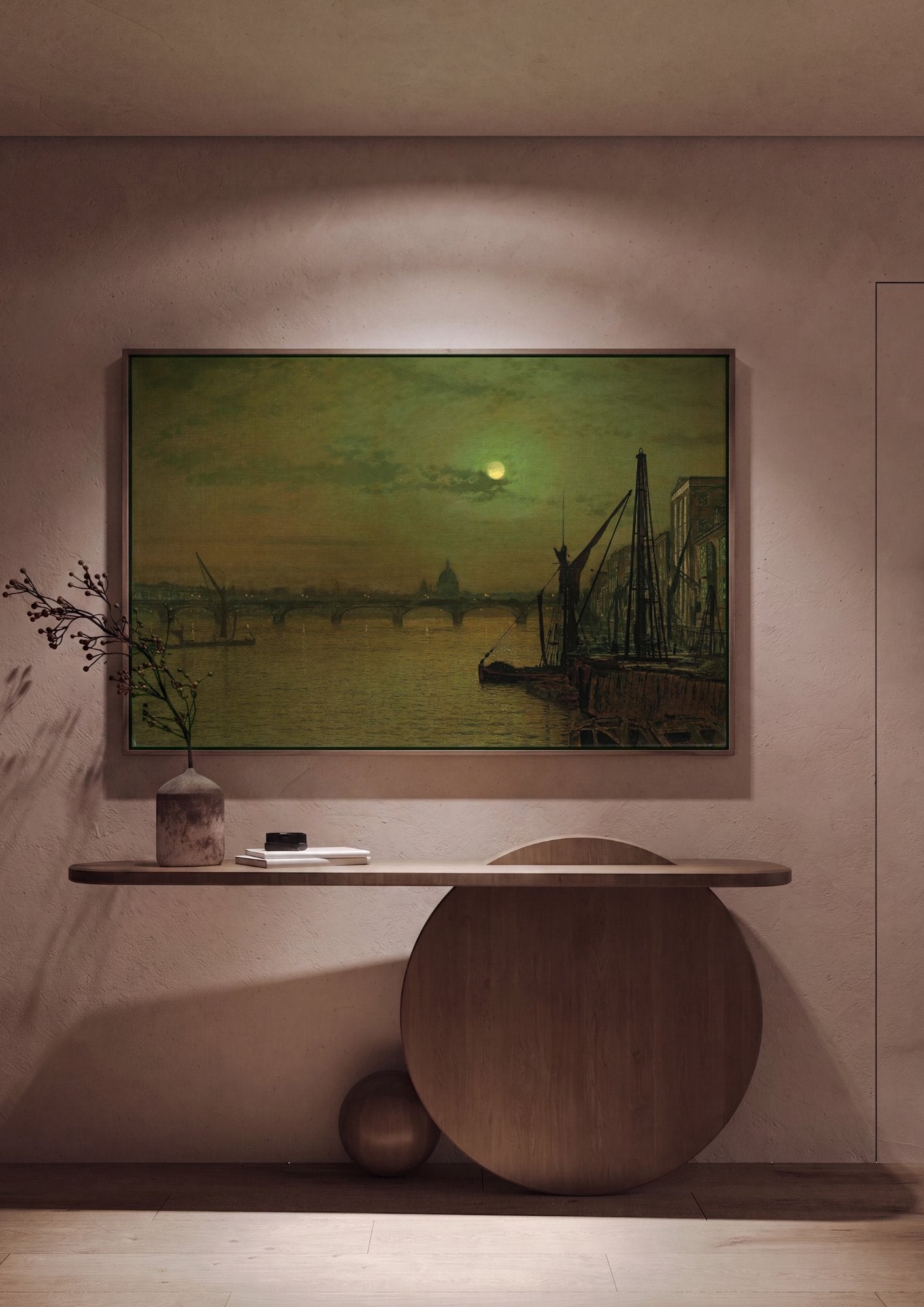 Quadro Decorativo 'Noite de Lua Cheia no Tâmisa' - Grimshaw em ambiente decorado