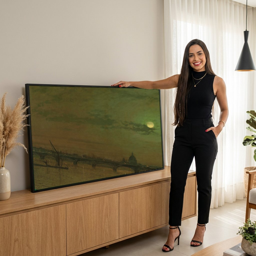 Quadro Decorativo 'Noite de Lua Cheia no Tâmisa' - Grimshaw com modelo em ambiente