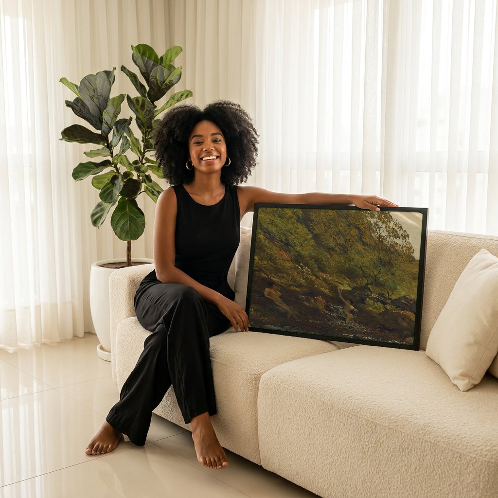 Quadro Decorativo Crianças Brincando no Riacho - Hans Thoma com modelo em ambiente
