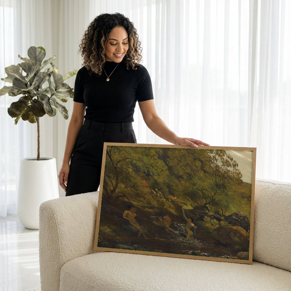 Quadro Decorativo Crianças Brincando no Riacho - Hans Thoma com modelo em ambiente
