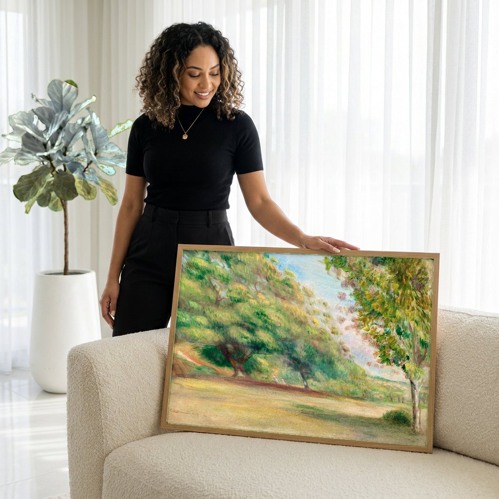 Quadro Decorativo Campo Arborizado - Renoir com modelo em ambiente