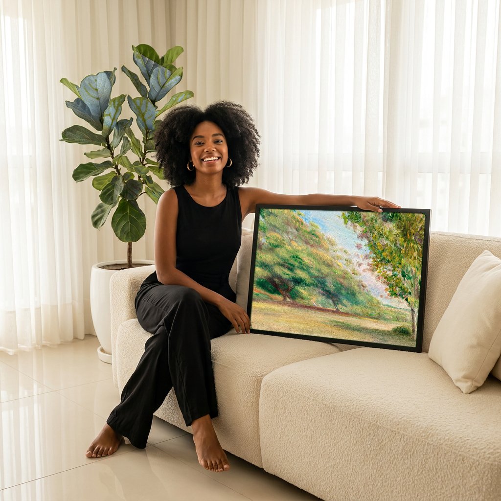 Quadro Decorativo Campo Arborizado - Renoir com modelo em ambiente