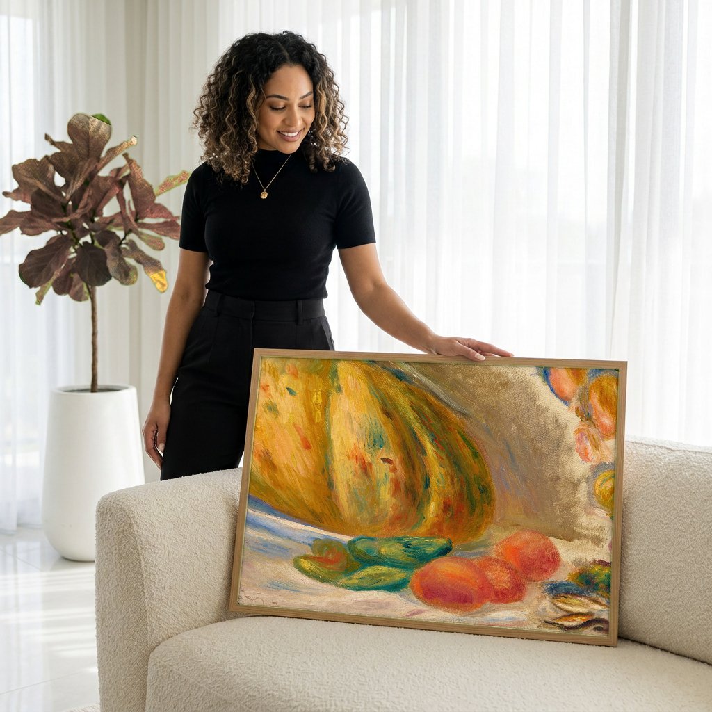 Quadro Decorativo Abóbora e Frutas - Renoir com modelo em ambiente