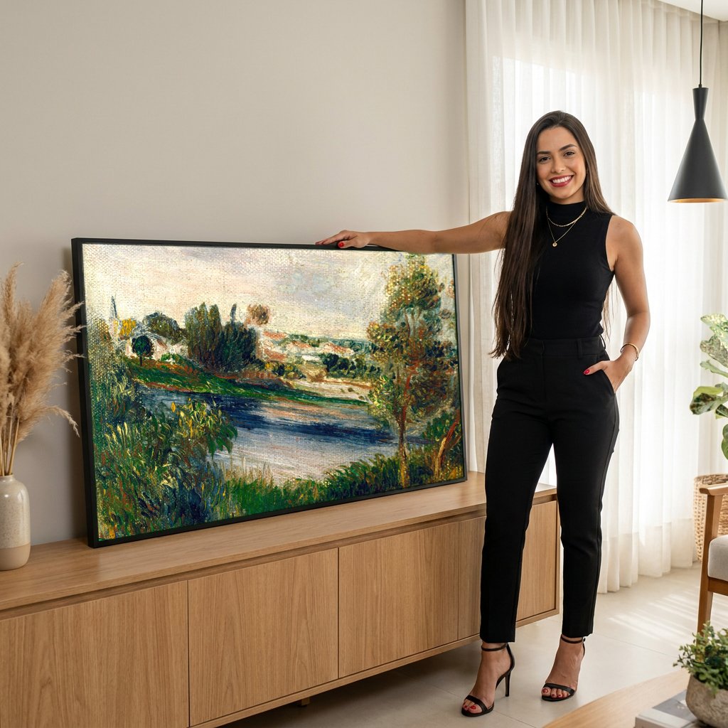 Quadro Decorativo Paisagem Fluvial - Renoir com modelo em ambiente