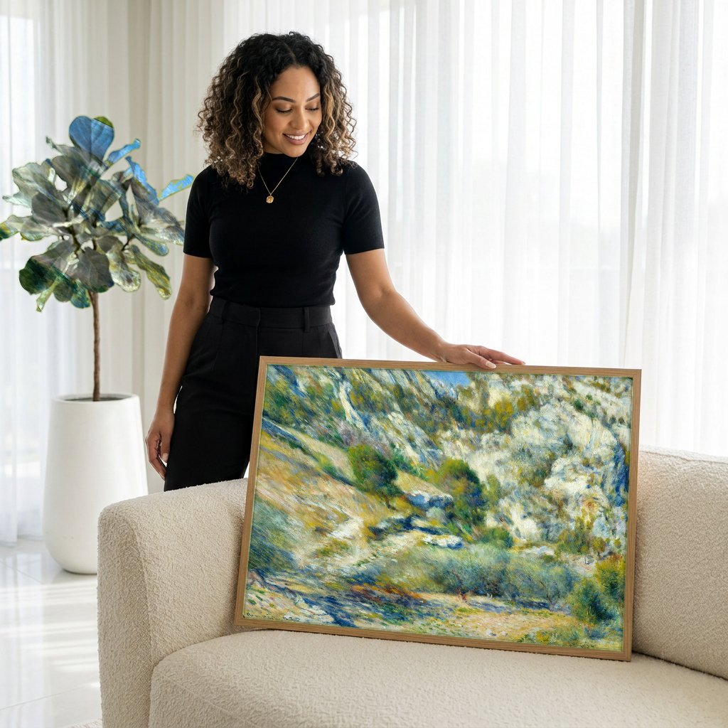 Quadro Decorativo Paisagem Rochosa - Renoir com modelo em ambiente