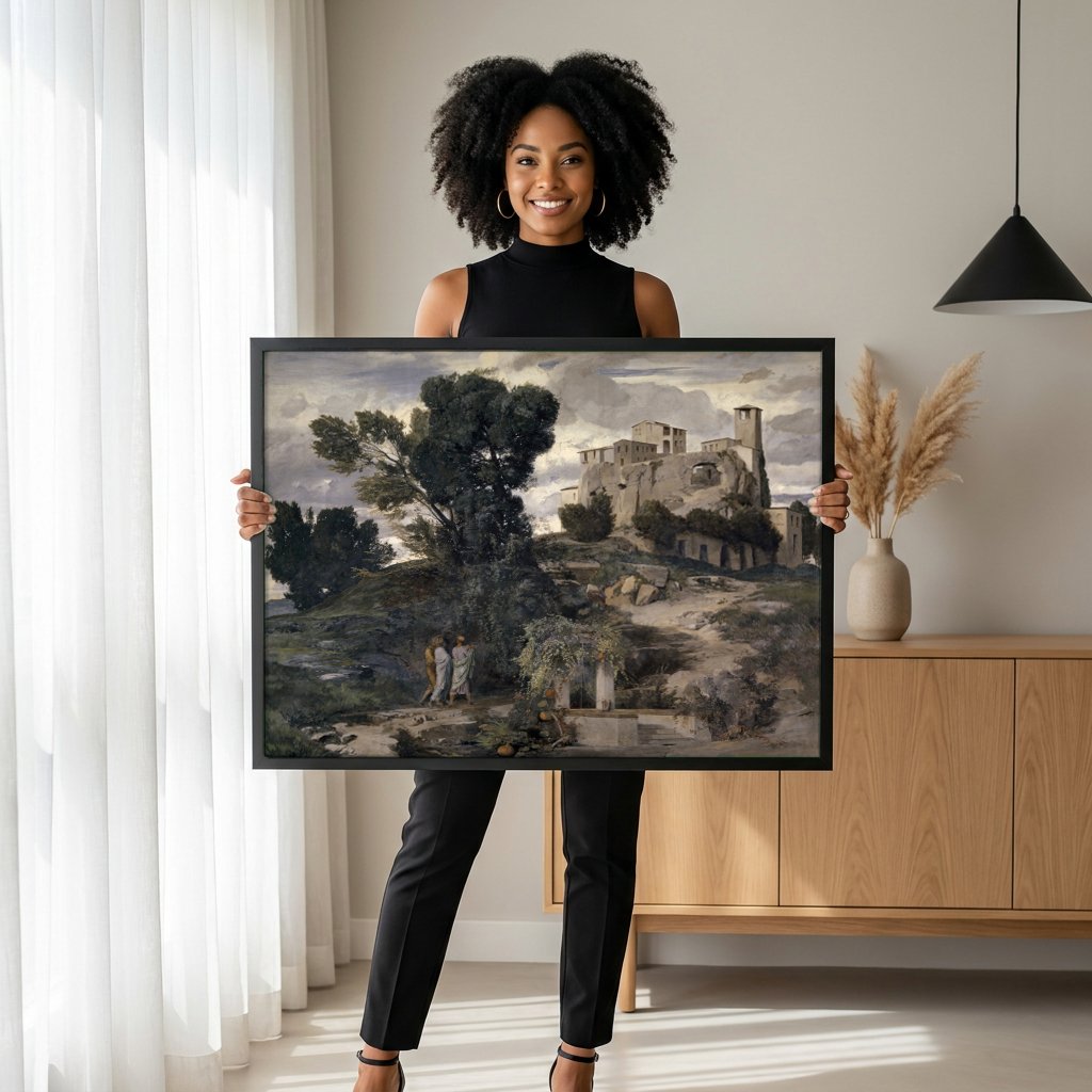 Quadro Decorativo A Villa na Praia - Arnold Böcklin com modelo em ambiente