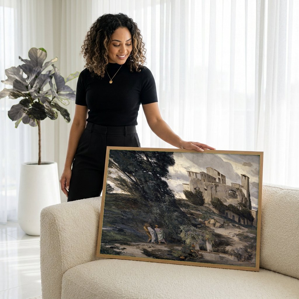 Quadro Decorativo A Villa na Praia - Arnold Böcklin com modelo em ambiente