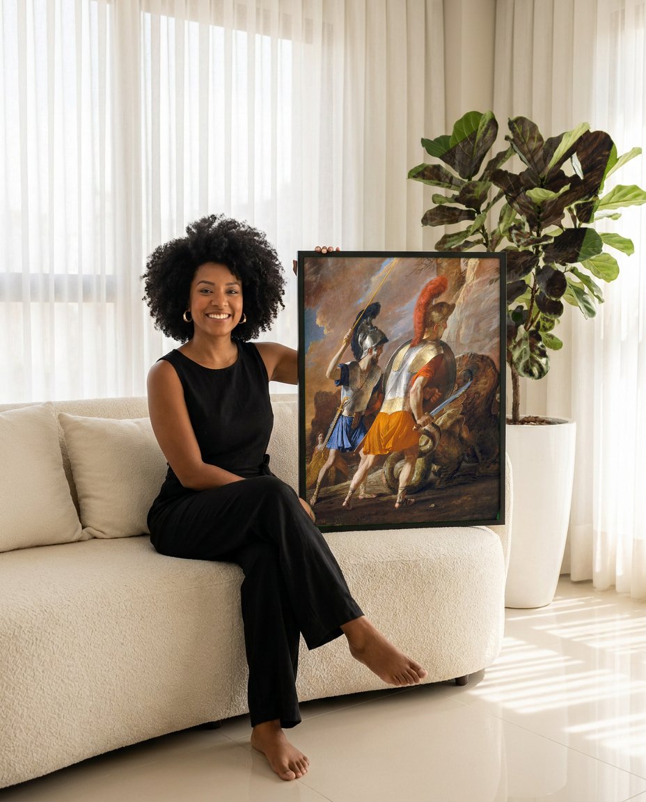 Quadro Decorativo Teseu Encontra o Minotauro - Nicolas Poussin com modelo em ambiente