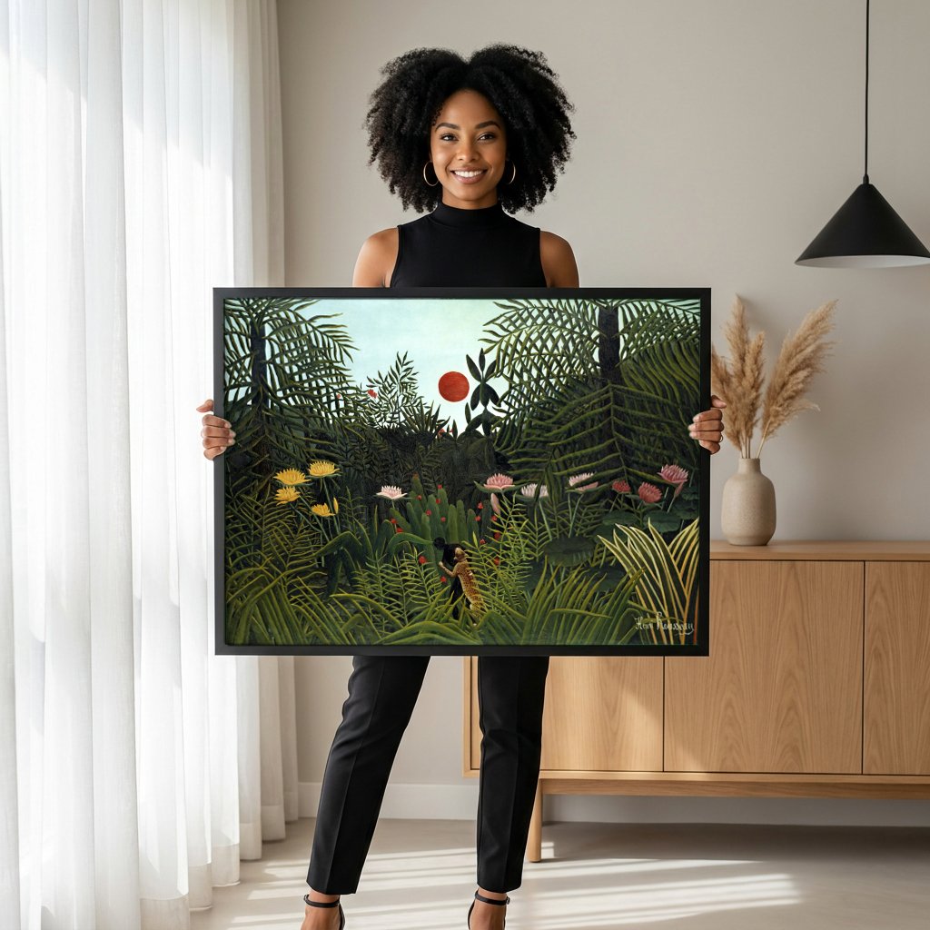 Quadro Decorativo A Selva Tropical - Henri Rousseau com modelo em ambiente